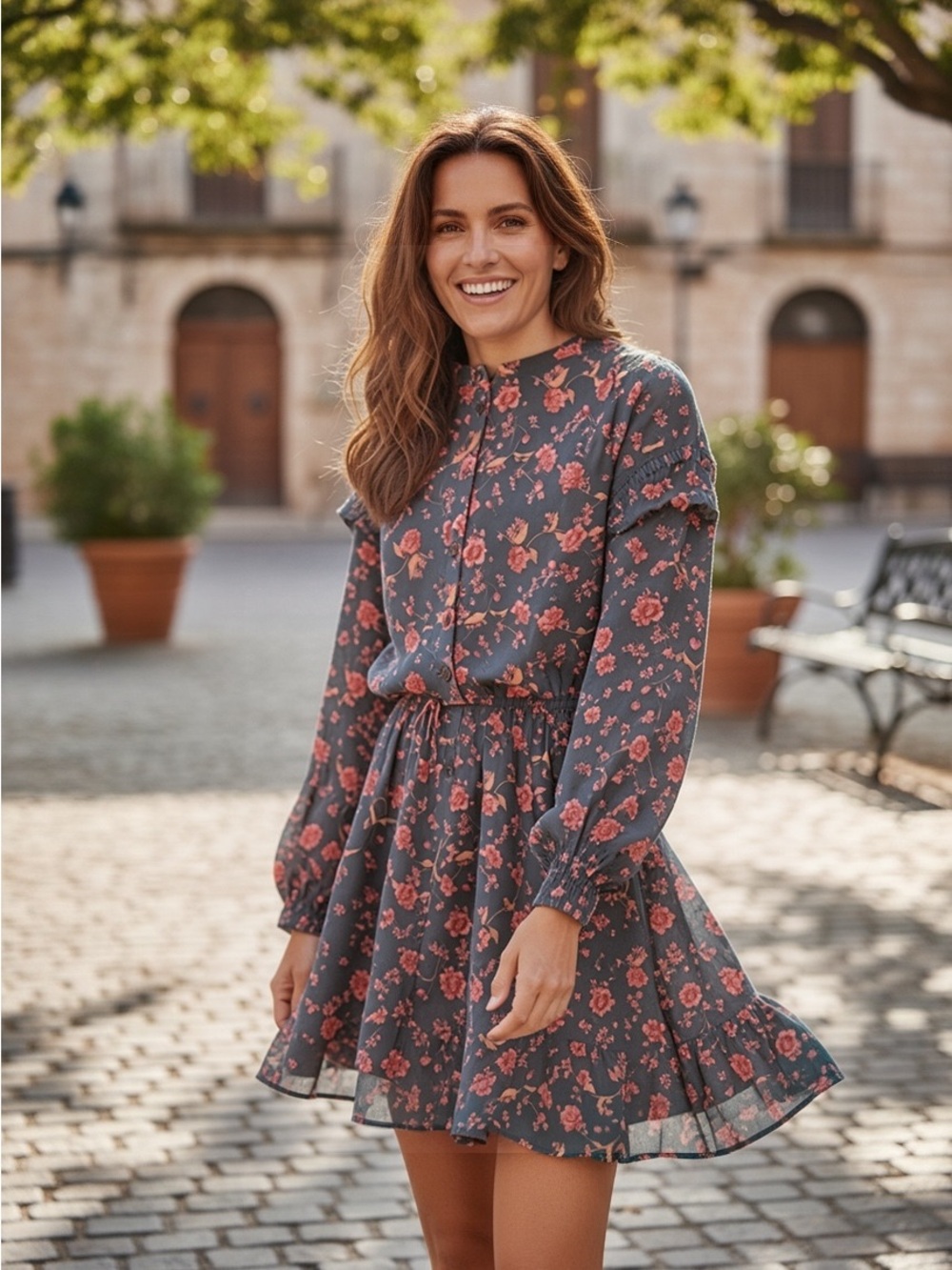 Free People Slate Gray Floral Long Sleeve Ruffle Dress